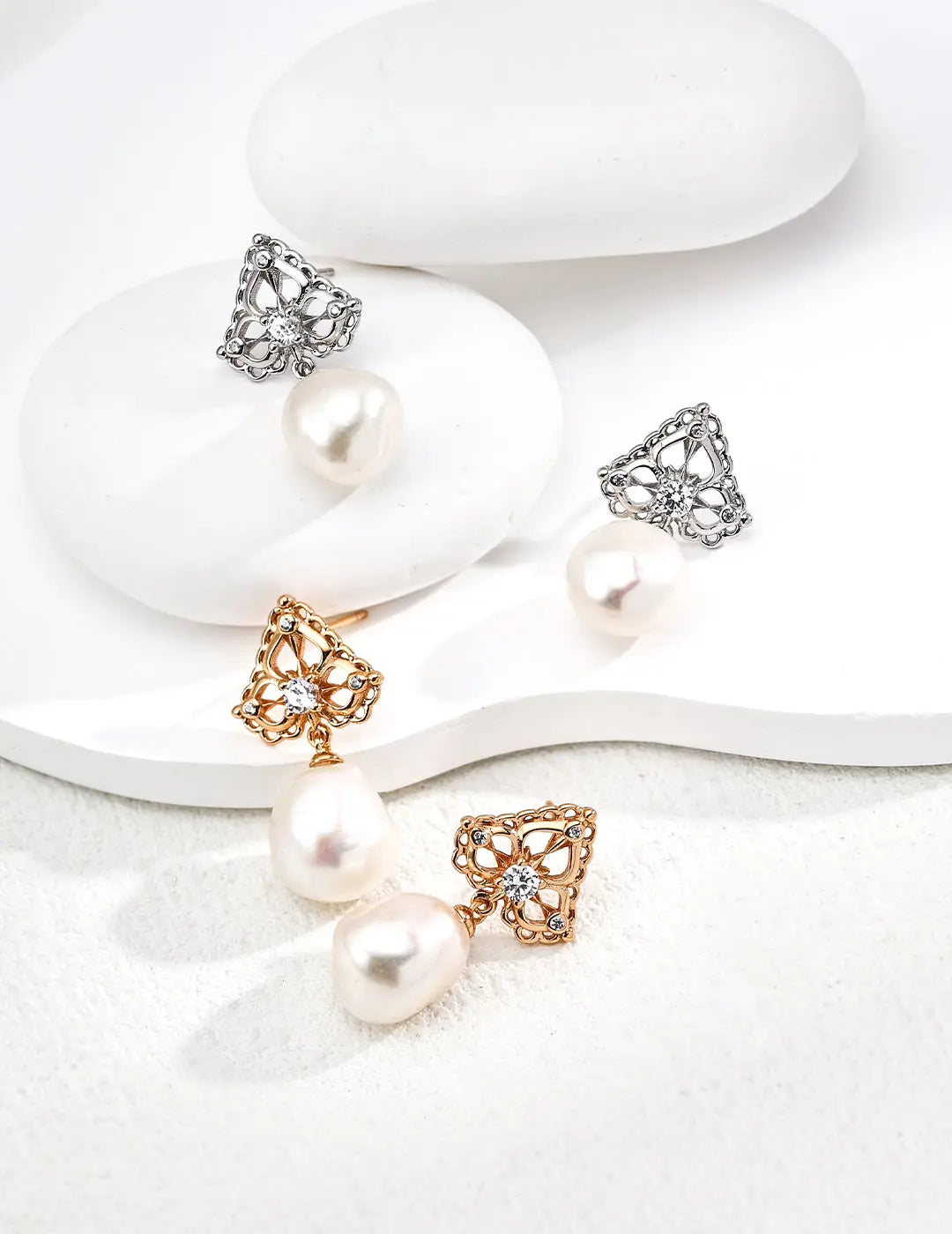 S925 Silver Filigree CZ Natural Pearl Drop Earrings Vintage Gold Irregular Beauty Pearl