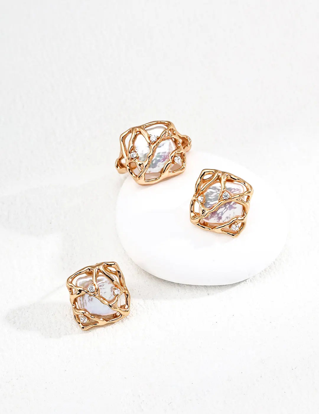 S925 Silver Organic Cage Natural Keshi Pearl CZ Ring Vintage Gold Irregular Beauty Pearl