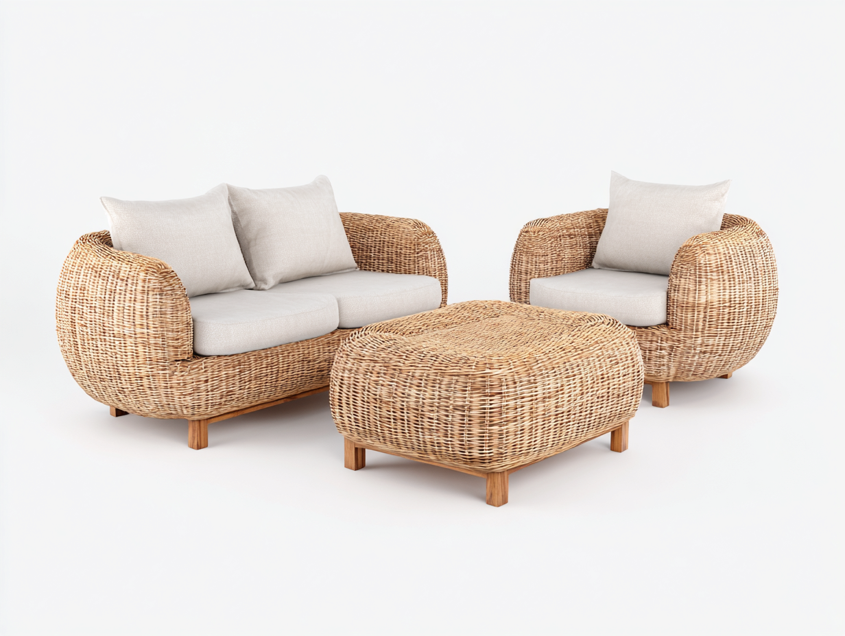 Sofás de exterior conjunto 2 plazas con sillón y mesa 150x75x80 cm natural-gris - ratán y madera - diseño moderno - para jardín-Zinarohome