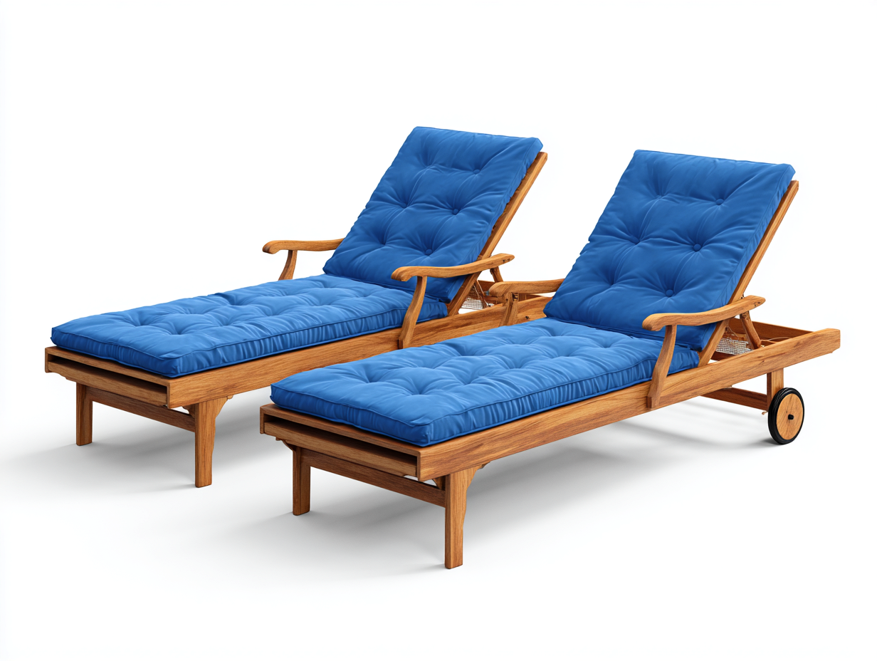 Tumbonas de jardín madera maciza con cojín 200x70x85 cm - marrón-azul - respaldo ajustable con ruedas-Zinarohome