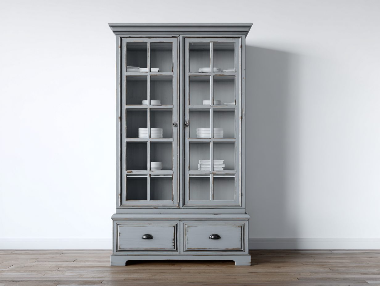 Vitrina de madera con puertas de vidrio 100x40x190 cm - gris claro - diseño vintage para salón-Zinarohome