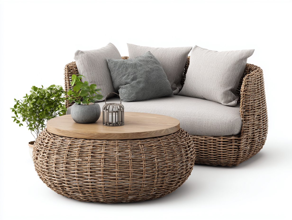 Sofá de exterior de ratán con mesa redonda 140x80x75 cm - marrón y gris - diseño moderno para jardín-Zinarohome