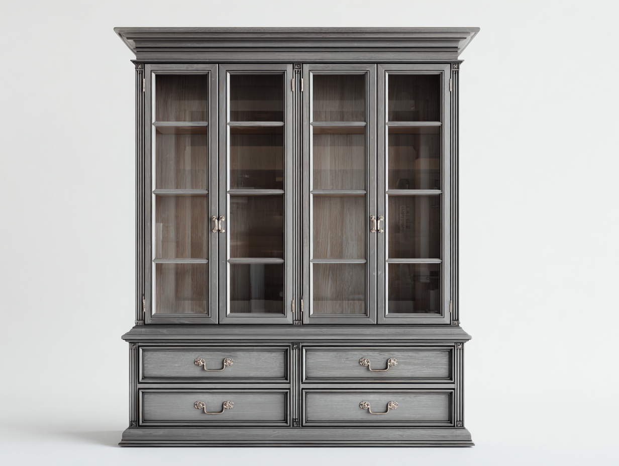 Vitrinas de madera y vidrio 160x45x200 cm - gris - diseño clásico con 4 puertas y 4 cajones-Zinarohome