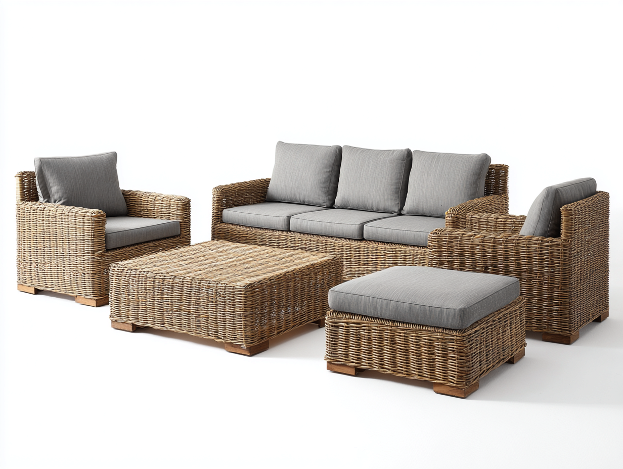 Sofás de exterior ratán sintético 220x85x75 cm - color natural-gris - conjunto moderno con mesa y reposapiés-Zinarohome