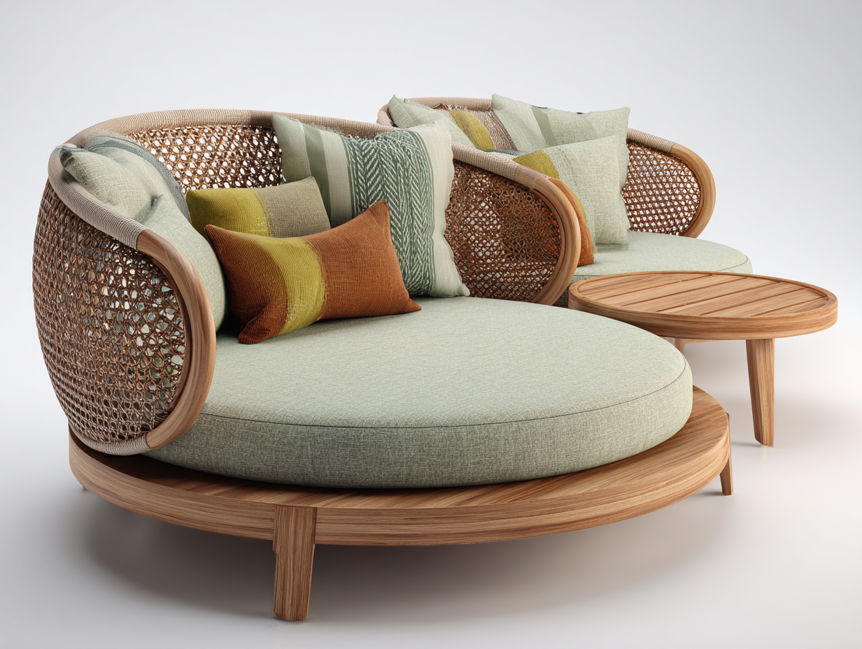 Sofás de exterior redondo con mesa auxiliar y sillón 180x160x75 cm - ratán y madera - verde claro - diseño moderno-Zinarohome