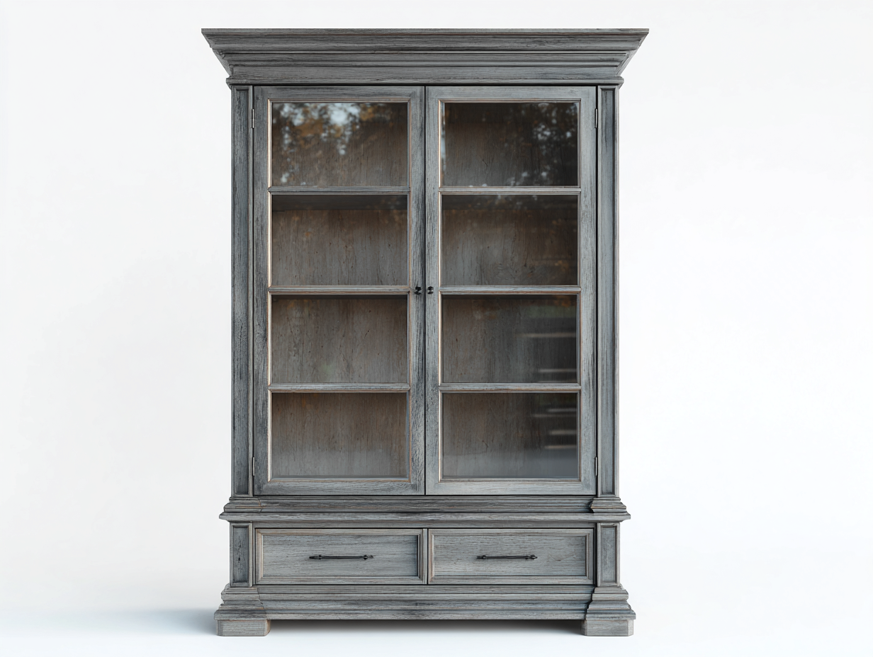 Vitrinas madera maciza 100x45x190 cm - color gris envejecido - diseño clásico con puertas de vidrio y almacenamiento-Zinarohome