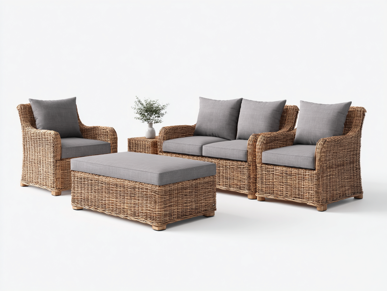 Sofás de exterior ratán sintético con cojines 200x80x85 cm - marrón-gris - conjunto 4 piezas - diseño moderno jardín-Zinarohome