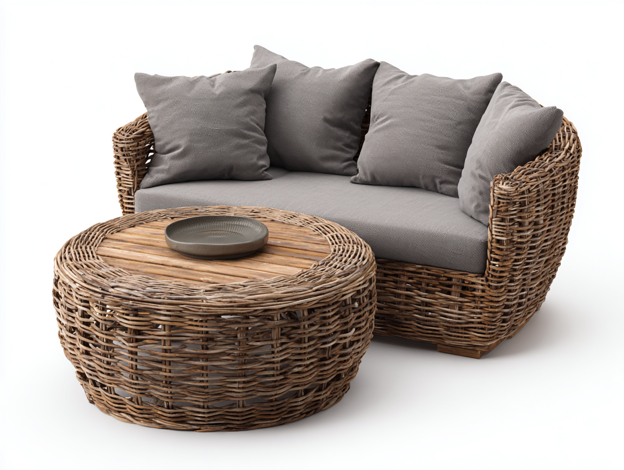 Sofás de exterior 2 plazas con mesa 140x70x75 cm natural-gris - ratán y madera - diseño moderno - para jardín-Zinarohome