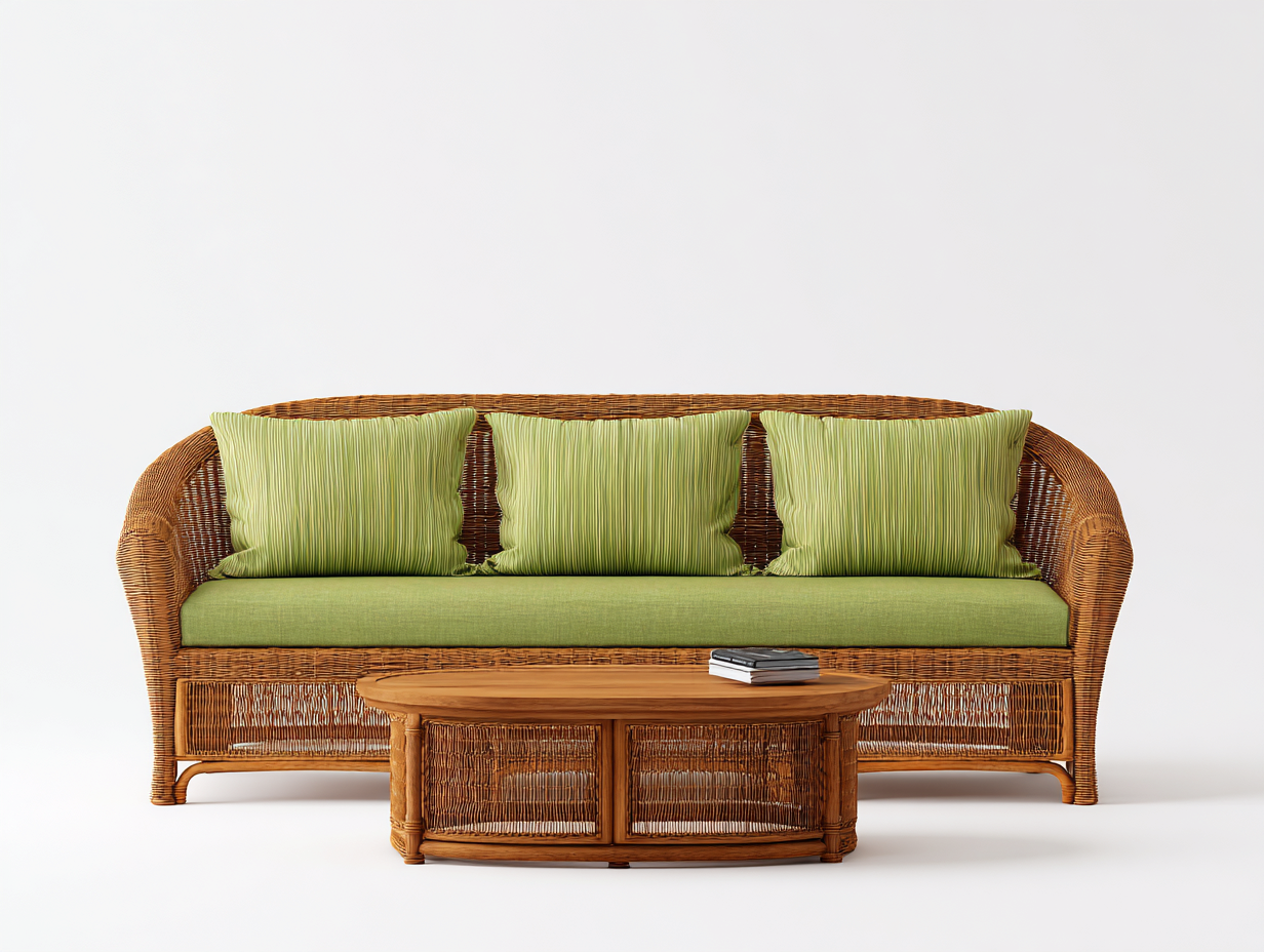Sofás de exterior de ratán con mesa de centro 200x80x85 cm - madera y ratán - verde-marrón - diseño natural-Zinarohome