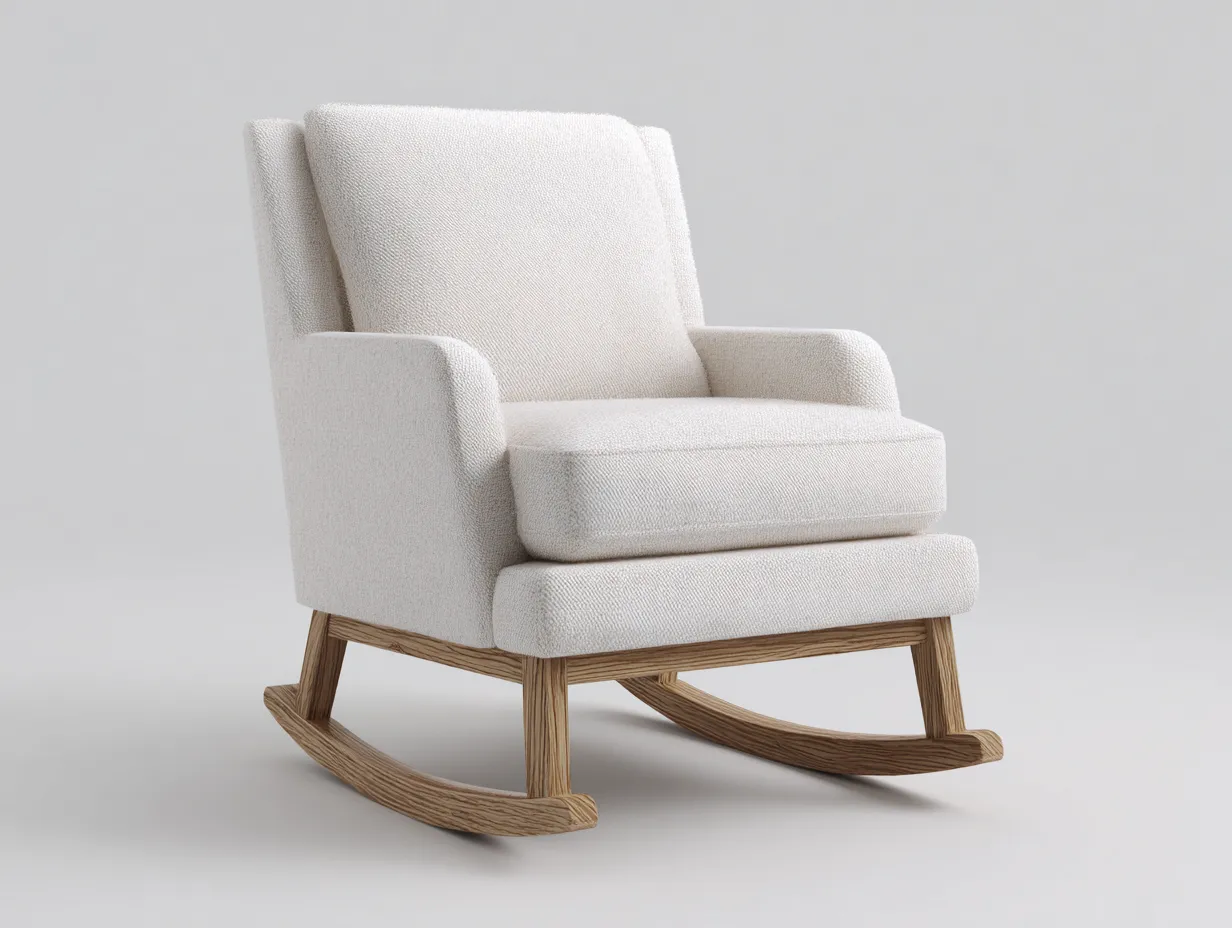 Mecedora tapizada en tejido crema 90 x 74 x 101 cm - crema y roble claro - para salón - respaldo alto y balanceo sereno