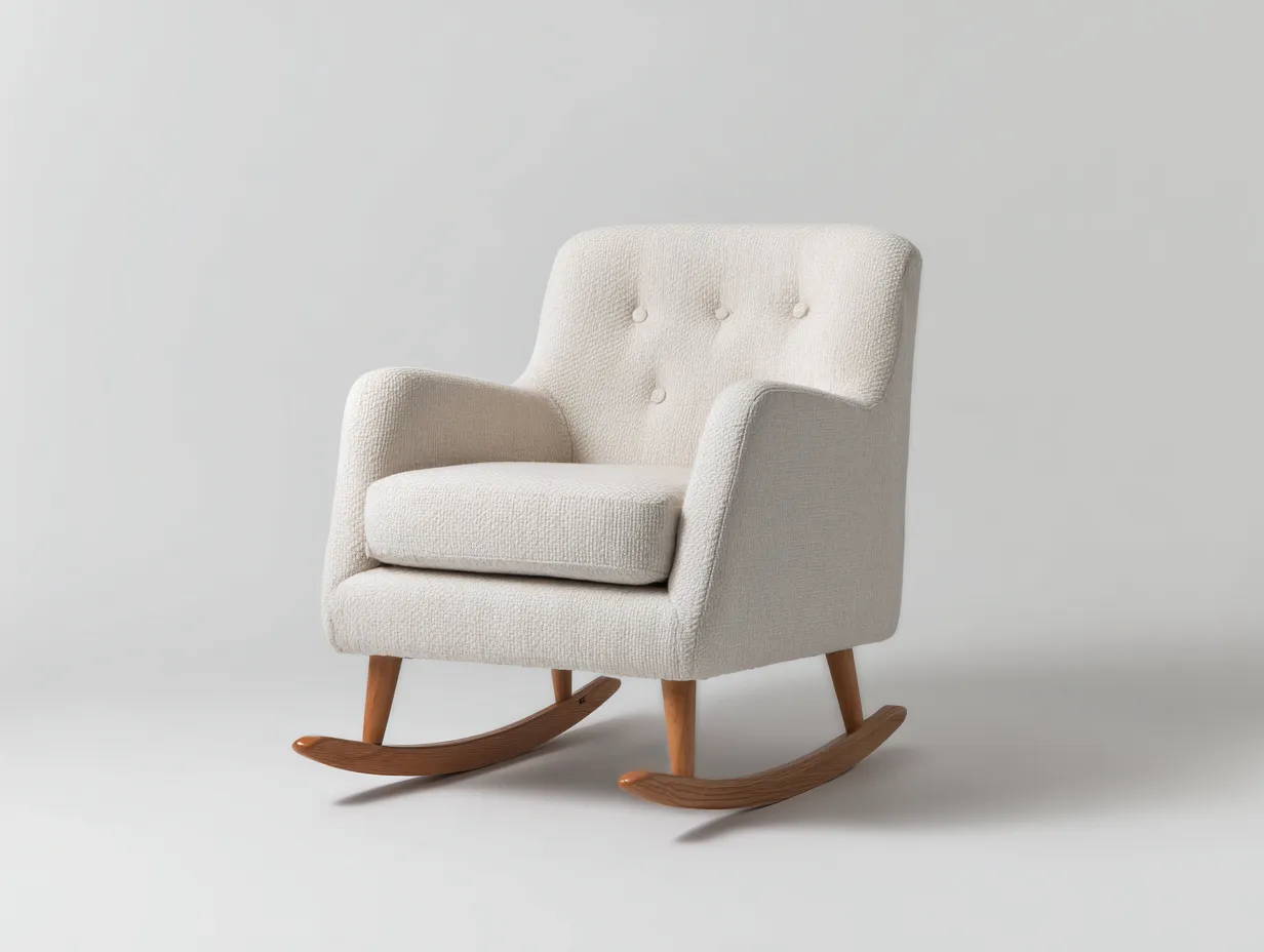 Mecedora tapizada en crema claro 93x70x95 cm - crema claro y roble miel - para salón - detalle capitoné sutil
