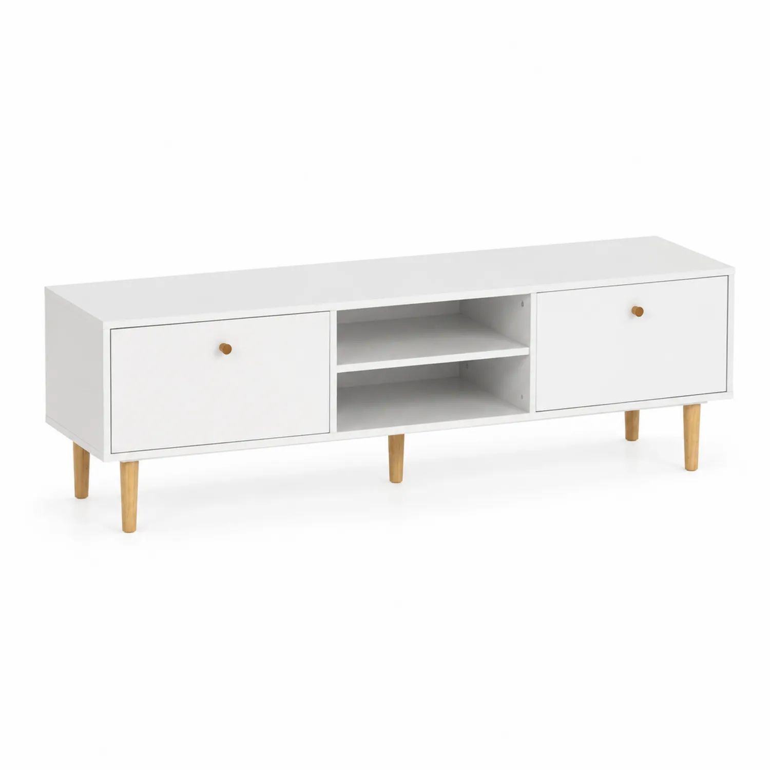 Meuble TV en MDF Blanc avec pieds en bois de hêtre