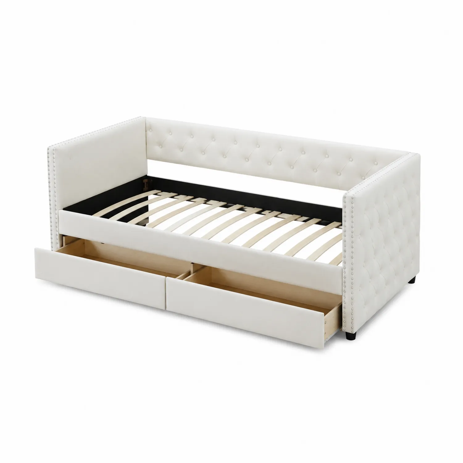 Lit de jour en bois et similicuir avec tiroirs Blanc