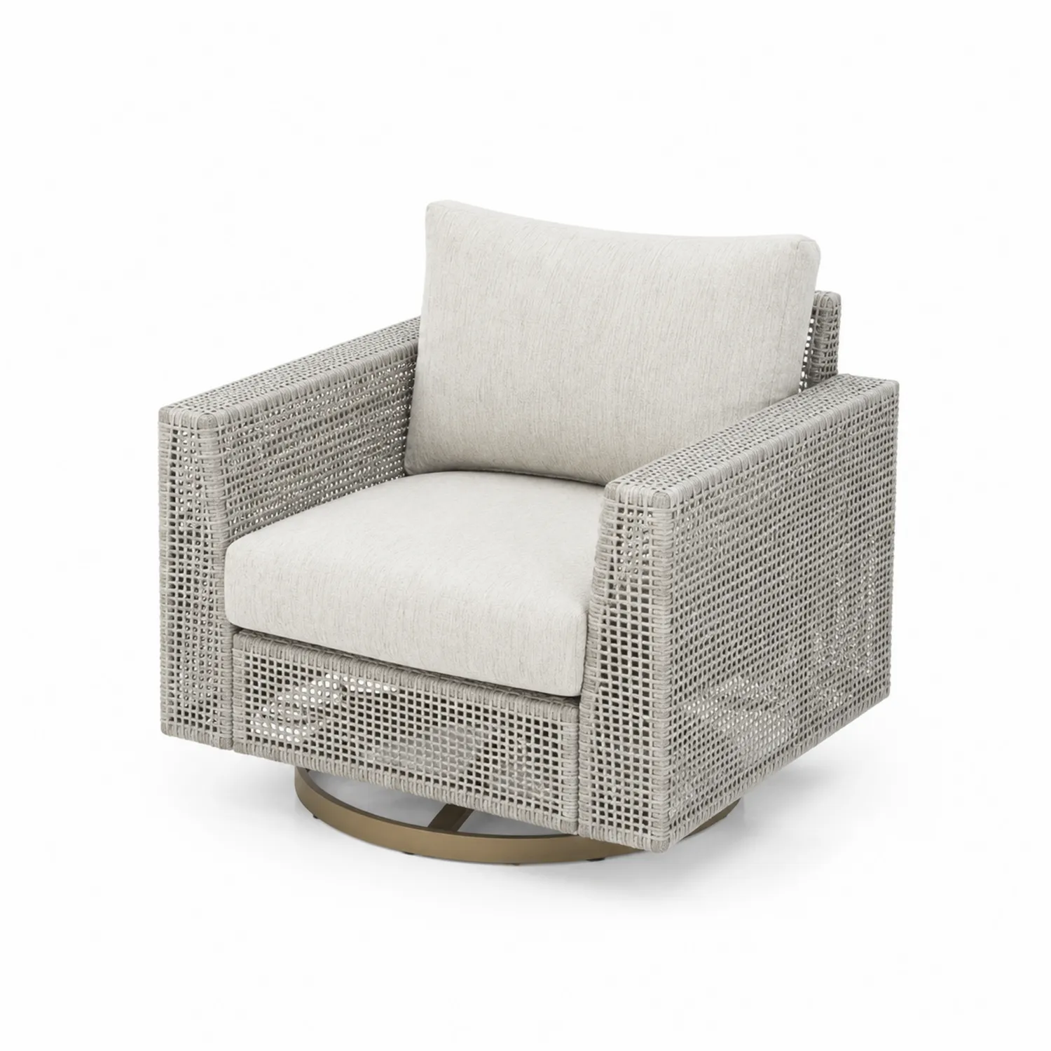 Fauteuil pivotant en résine tressée gris avec coussins en polyester beige