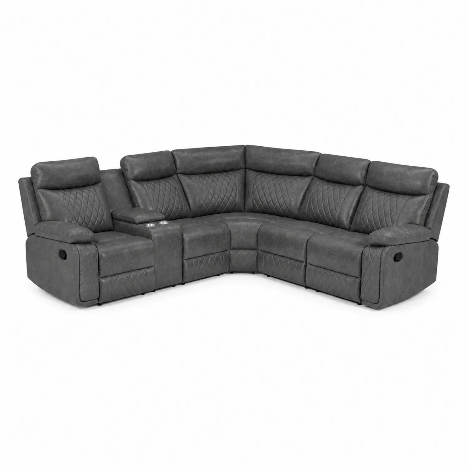 Canapé d'angle modulable en cuir synthétique gris avec porte-gobelets