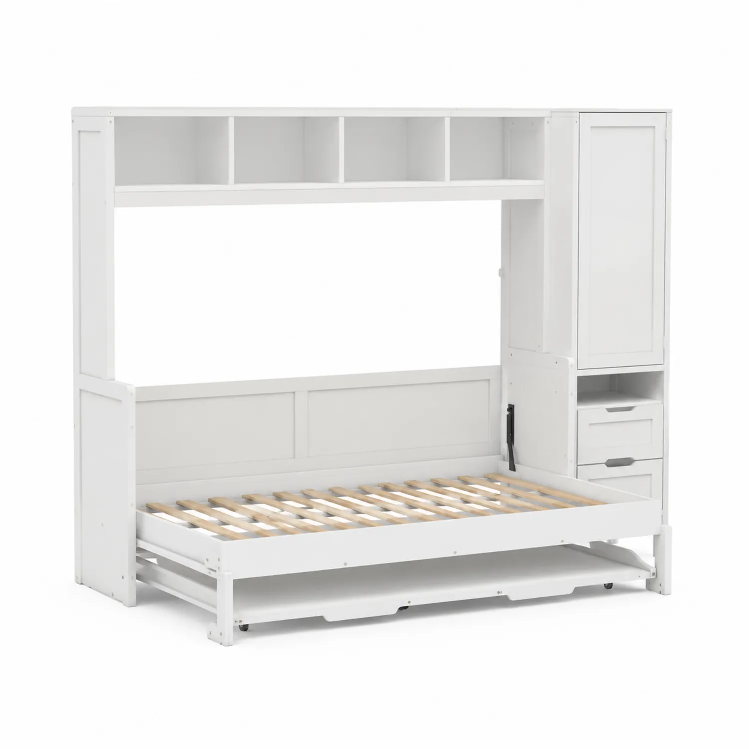 Lit escamotable en bois avec étagères et armoire