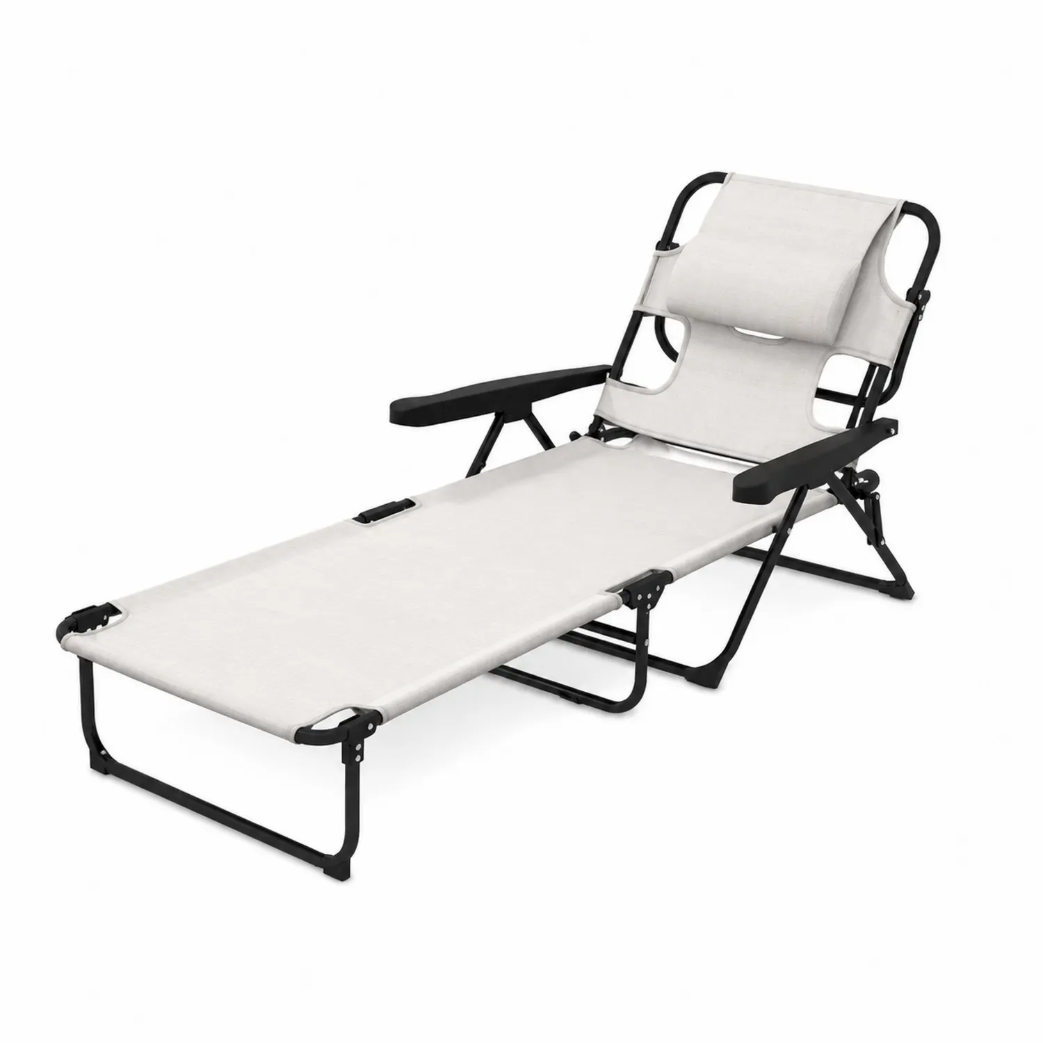 Chaise Longue Pliable en Métal et Polyester avec Oreiller - Beige et Noire