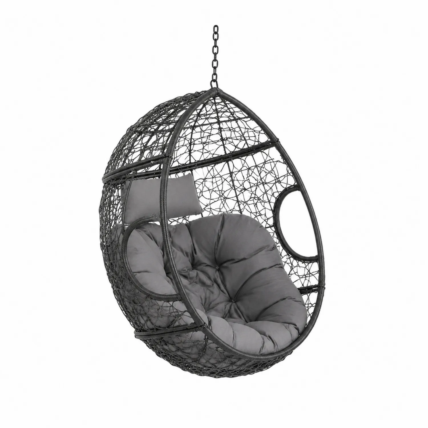 Chaise suspendue en résine tressée noire avec coussins en polyester gris
