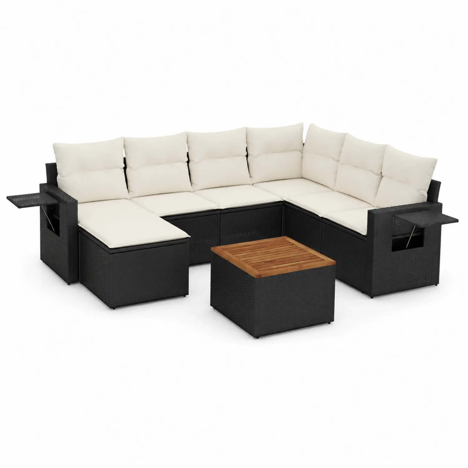 Canapé modulaire en résine tressée Noir avec coussins Beige