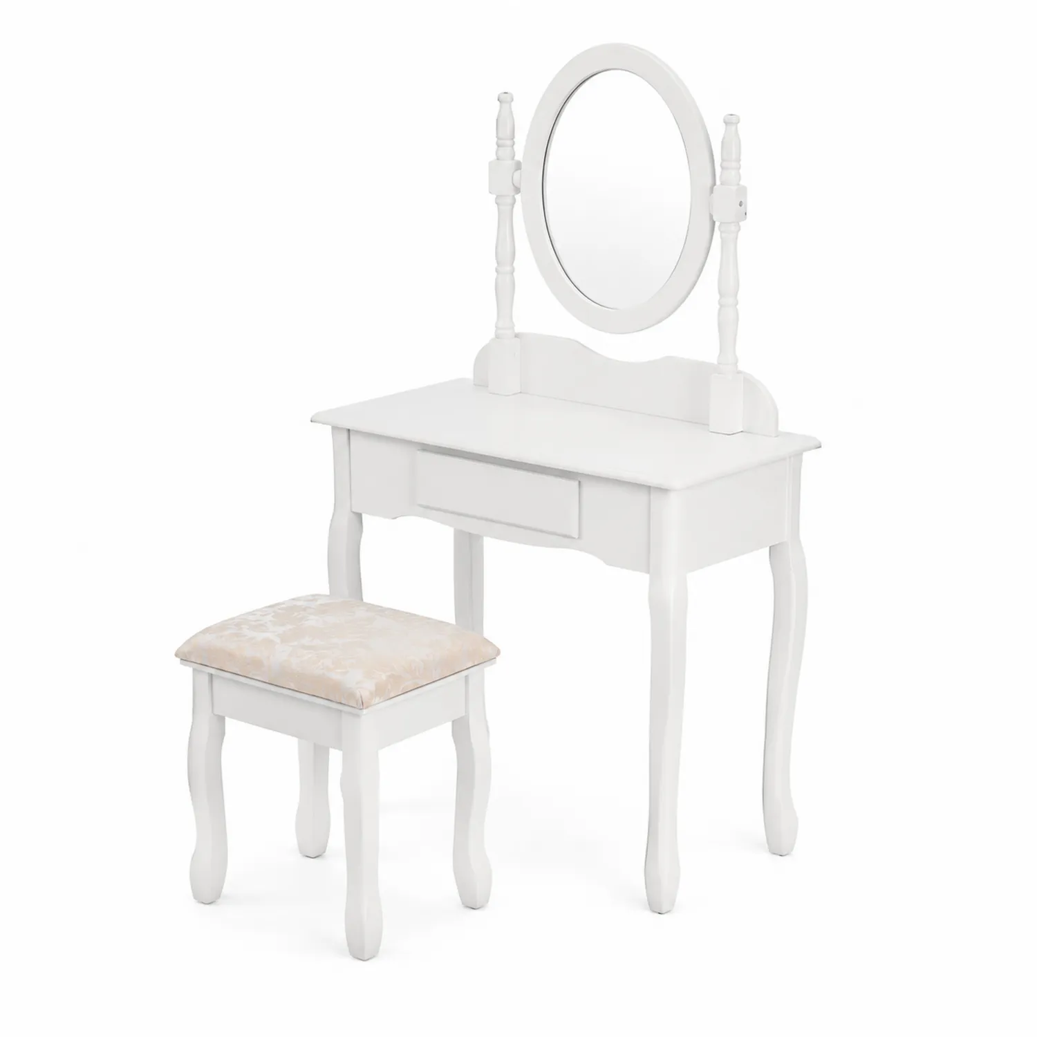 Coiffeuse blanche avec miroir ovale et tabouret en bois