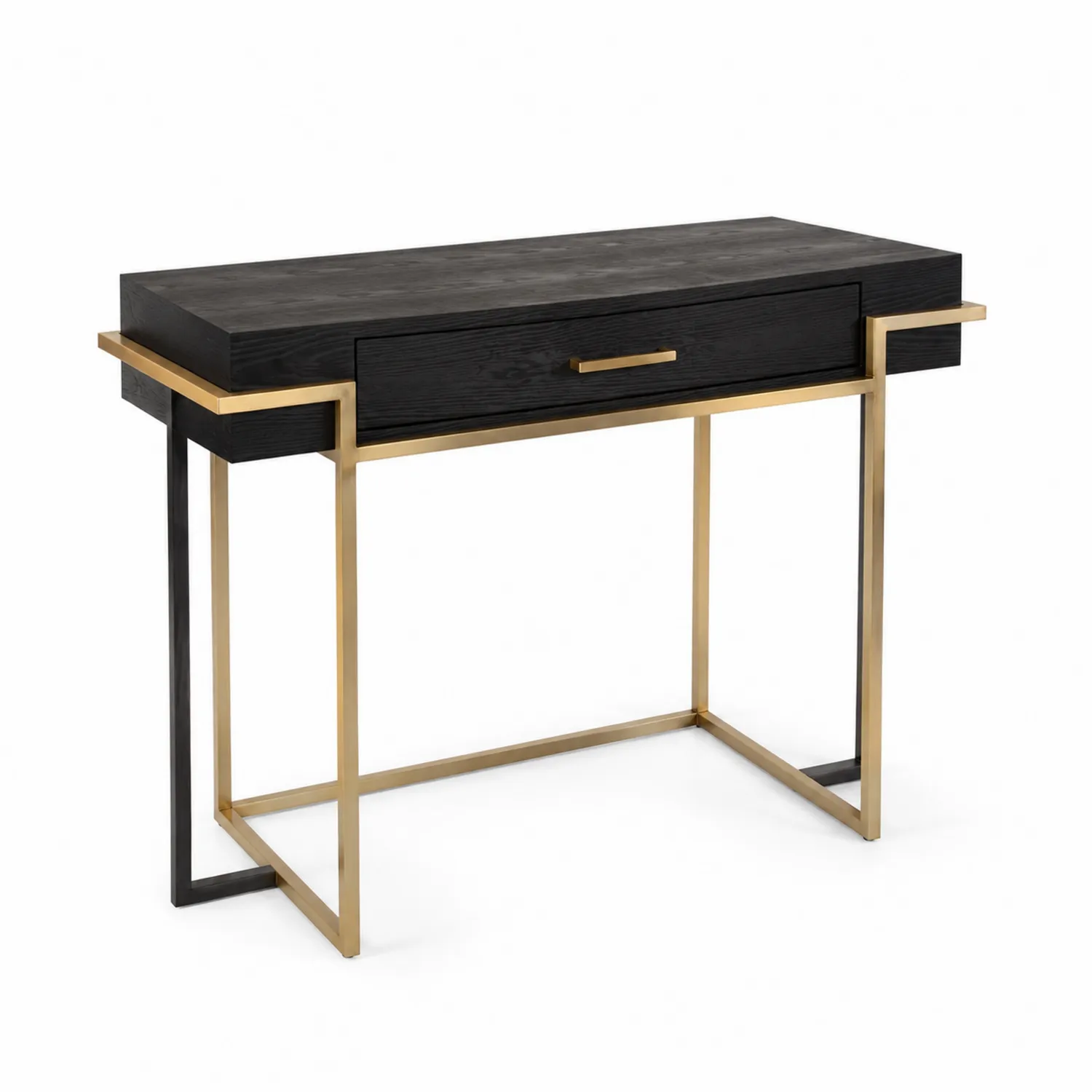 Table console en bois noir avec cadre en métal doré
