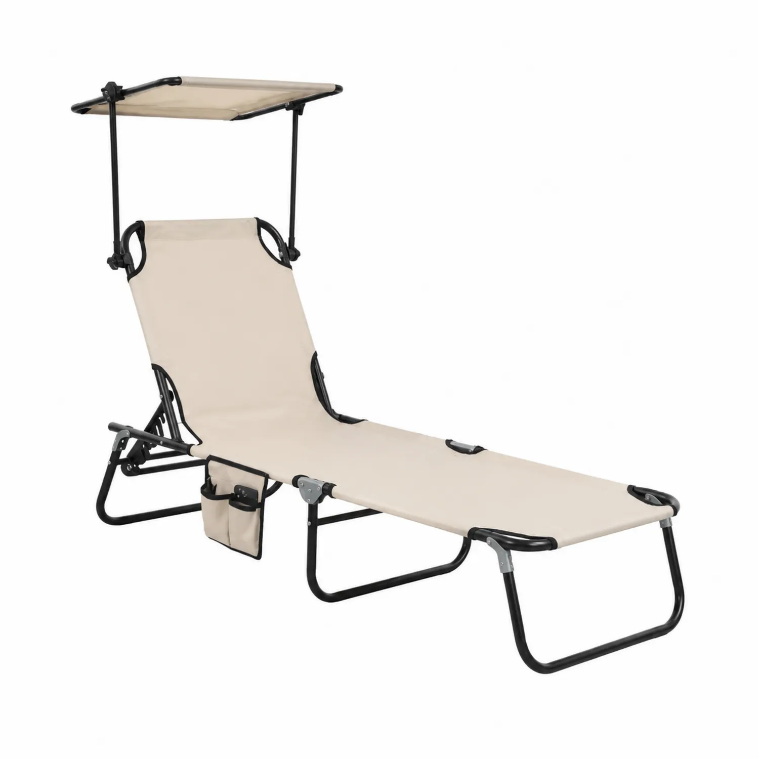 Chaise longue pliante en acier et polyester avec pare-soleil
