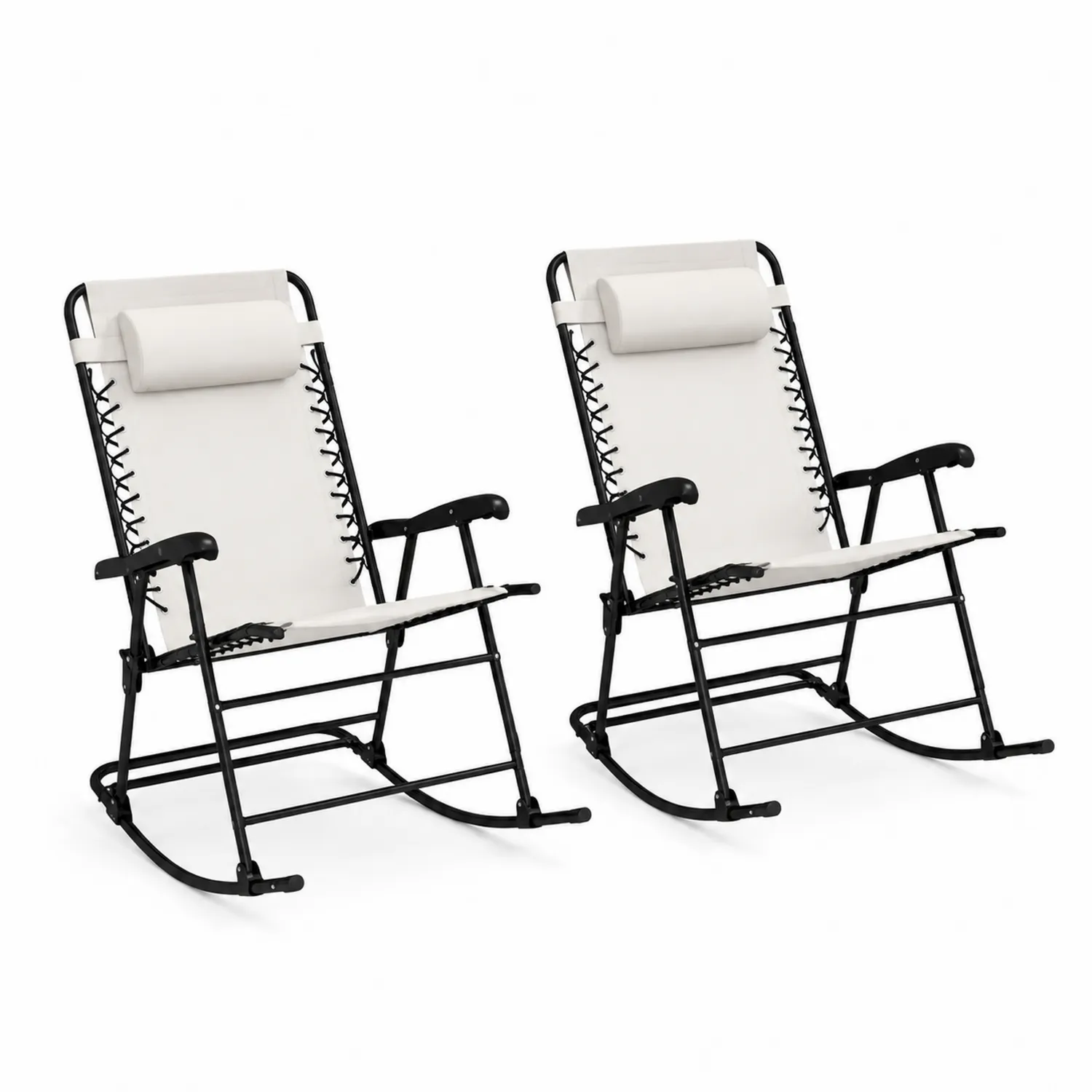 Lot de 2 chaises à bascule pliantes en acier et tissu blanc