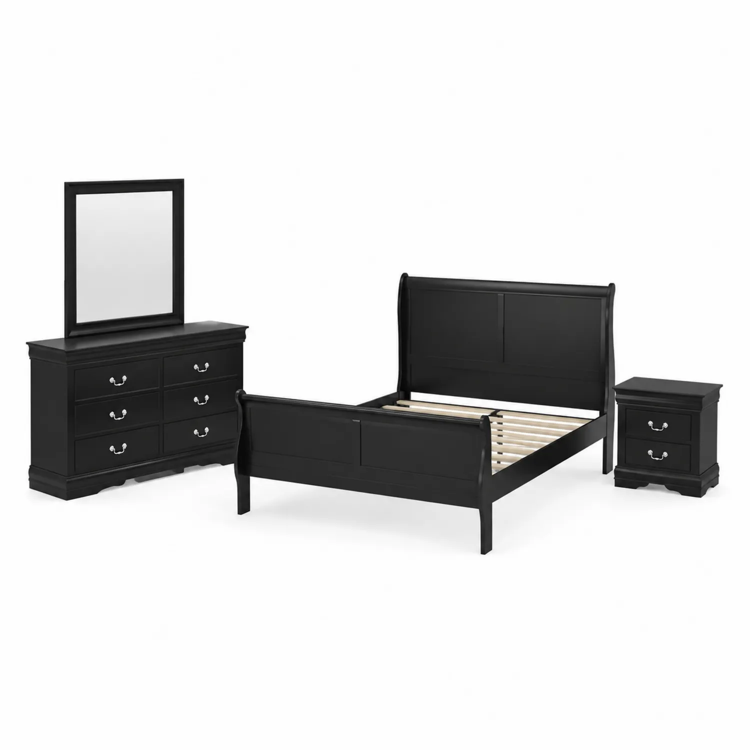 Ensemble chambre lit double bois noir avec commode et table de chevet