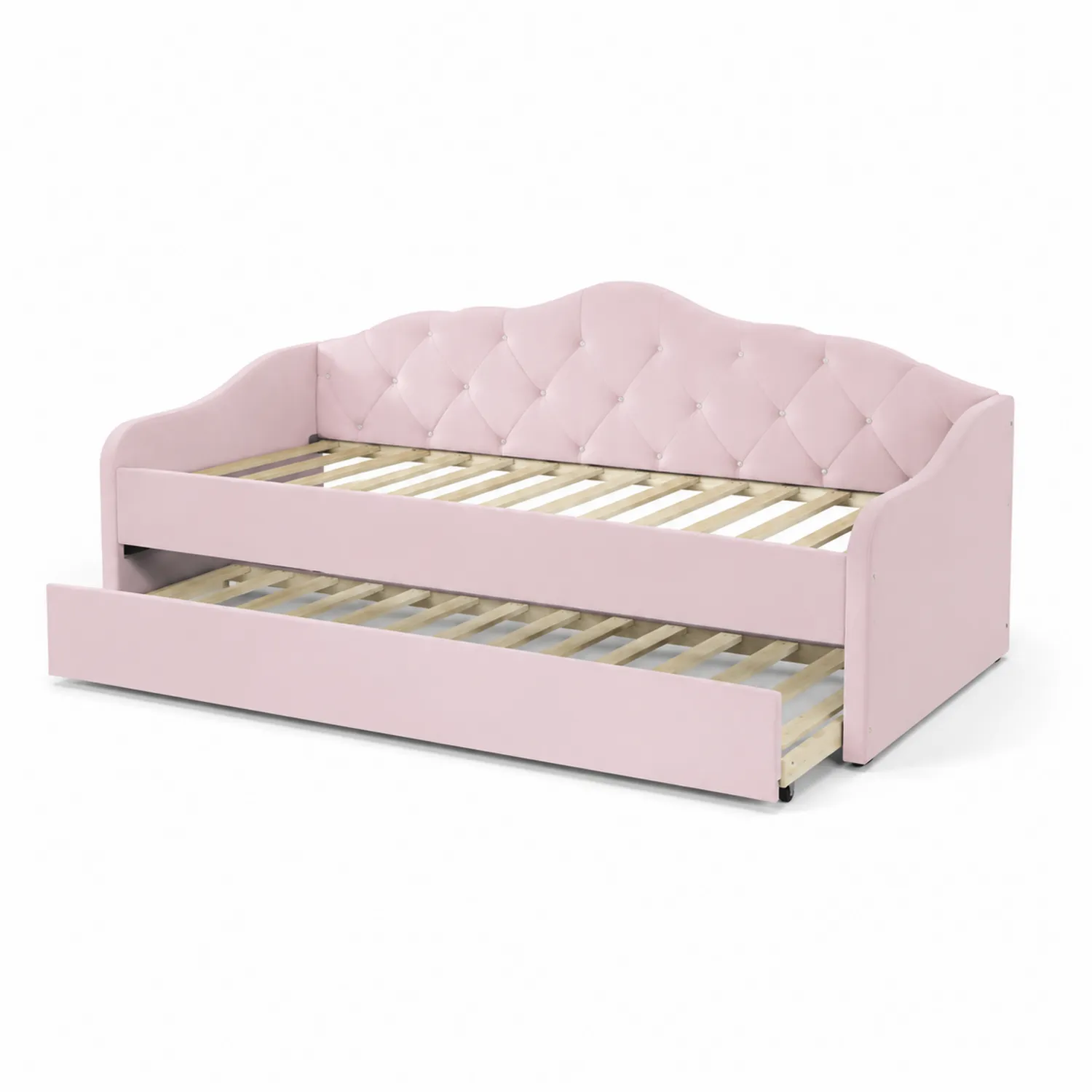 Lit gigogne en bois avec velours rose