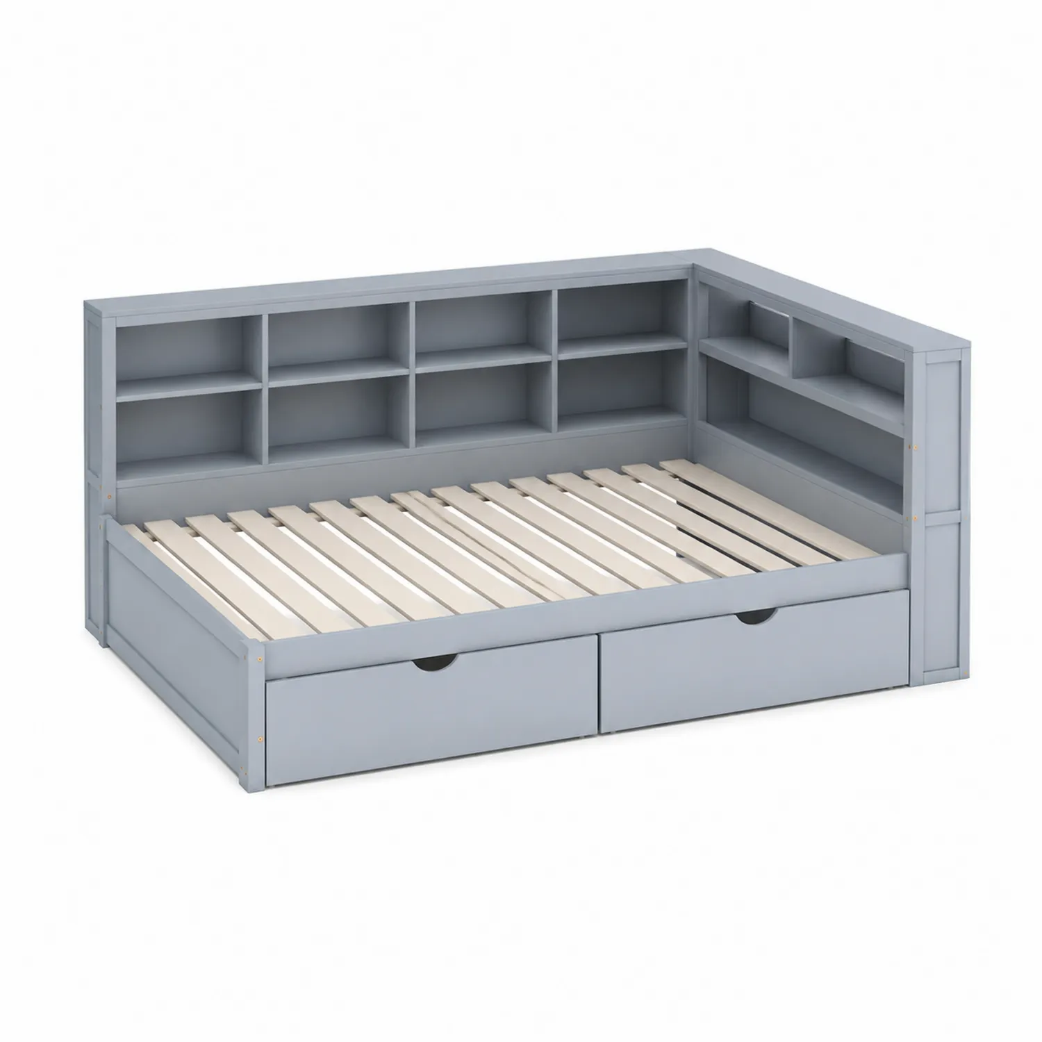 Lit gigogne en bois avec étagères et tiroirs, Gris