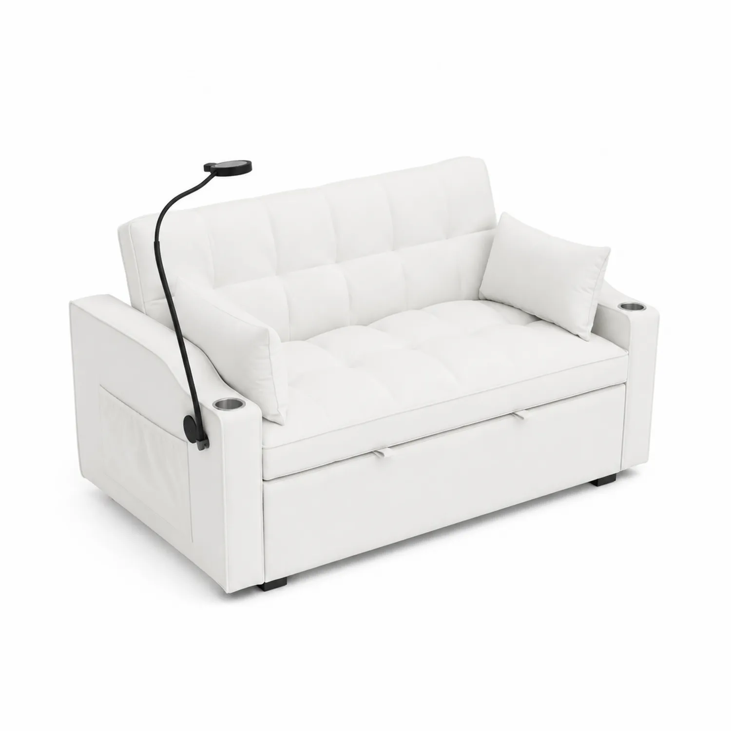Canapé convertible blanc avec rangement et lampe LED