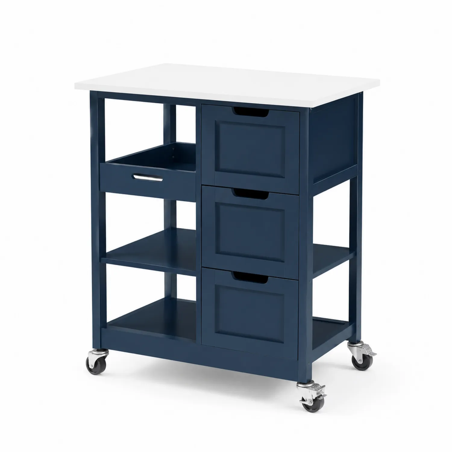 Chariot de cuisine en bois avec tiroirs et étagères Bleu/Blanc