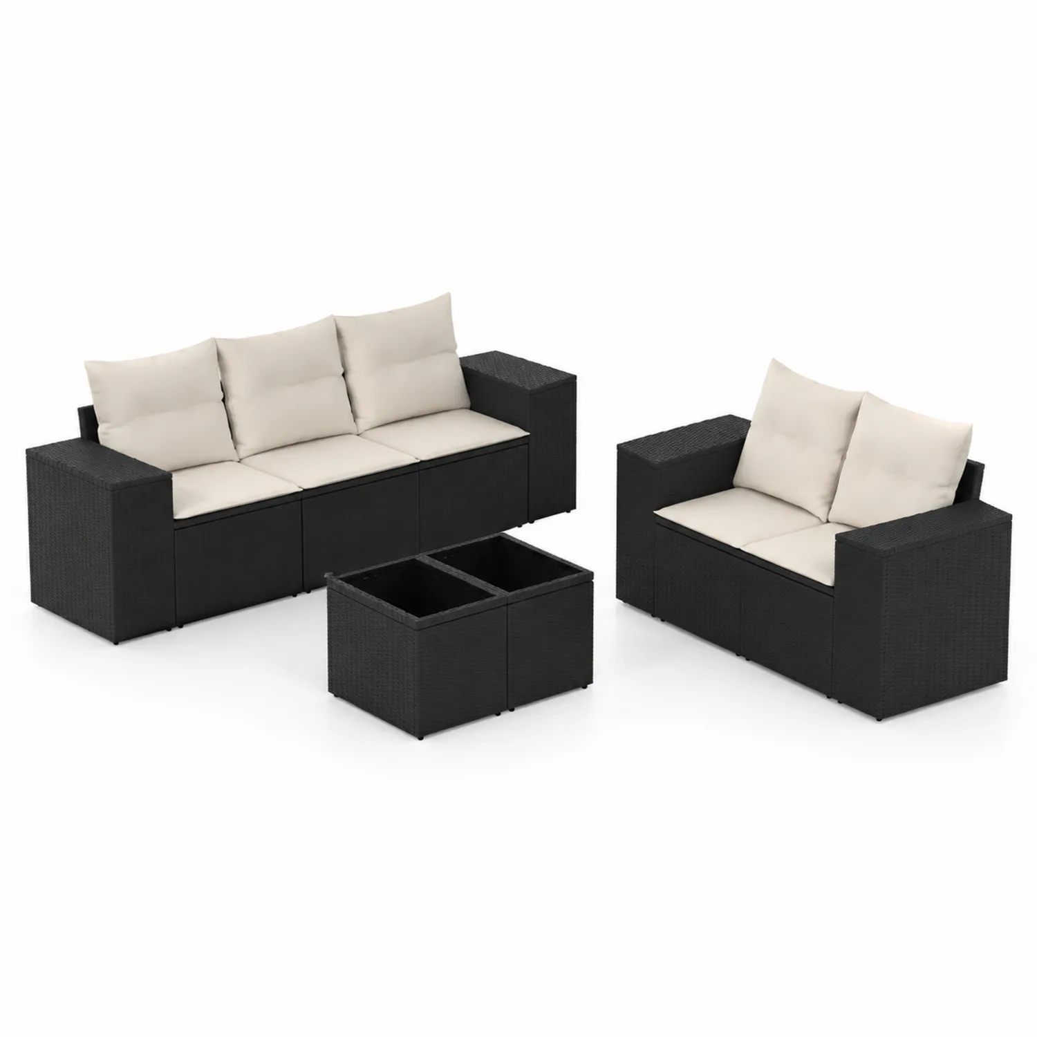 Ensemble de Salon de Jardin en Résine Tressée Noir avec Coussins Crème