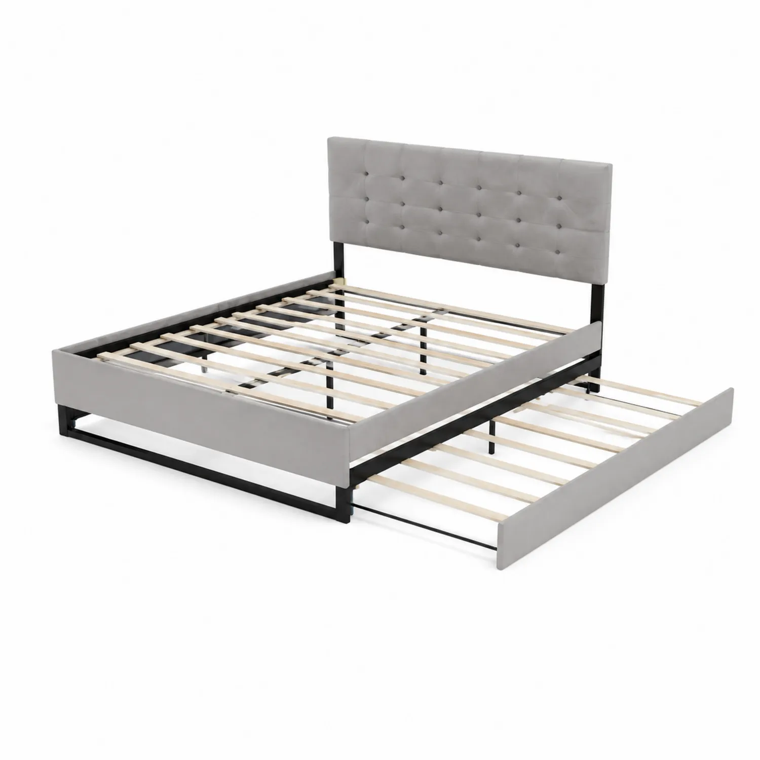 Lit capitonné en tissu gris avec tiroir 160x200 cm