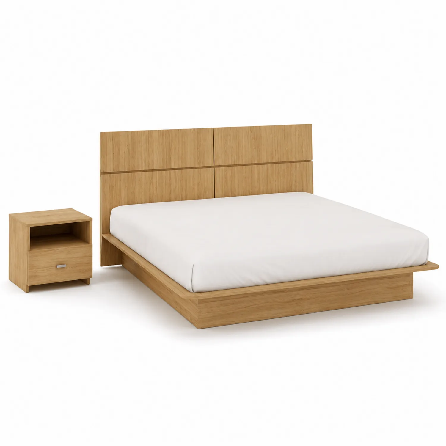 Lit Double en Bois avec Table de Chevet en Chêne Clair 160x200 cm