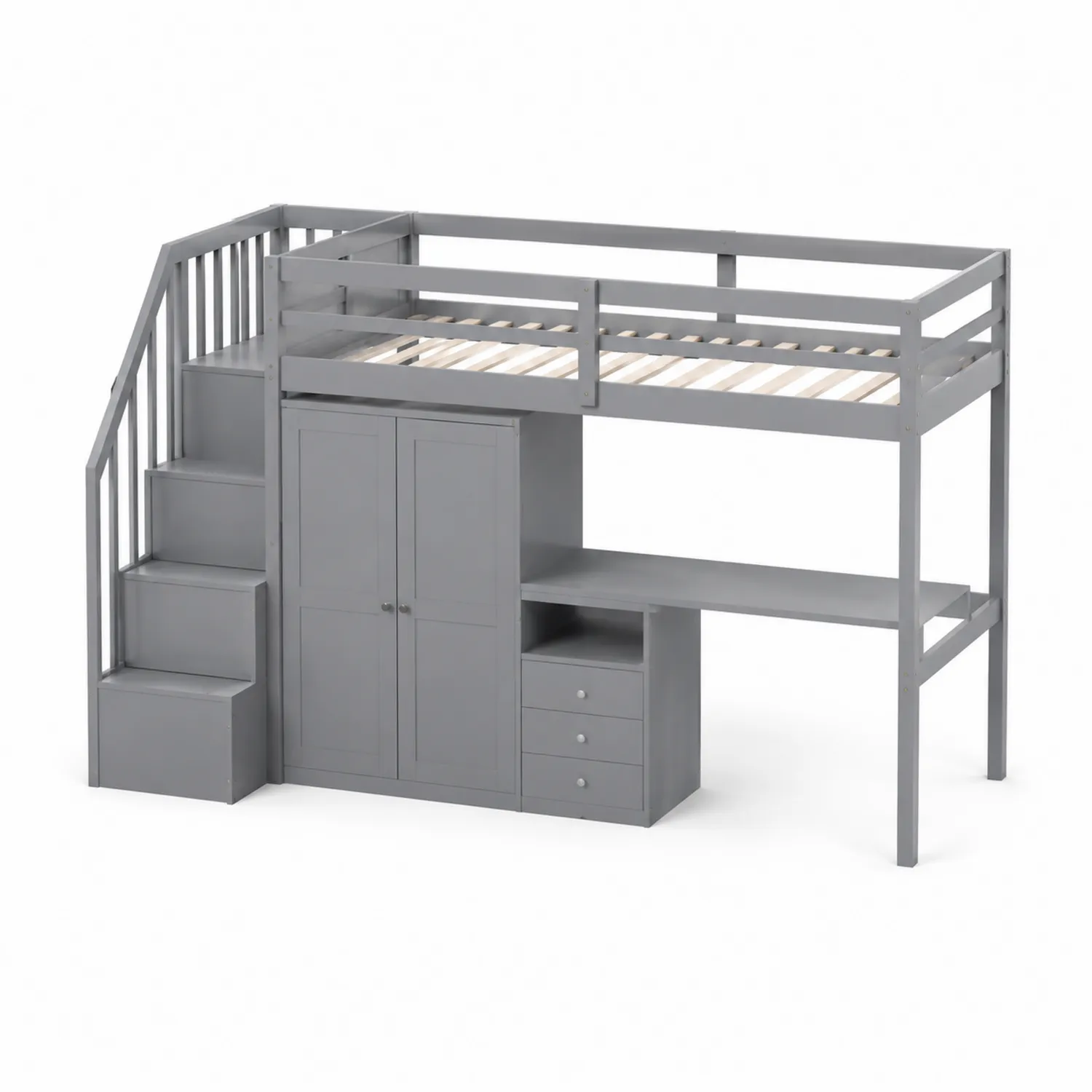 Lit mezzanine en bois gris avec rangement et escalier intégré
