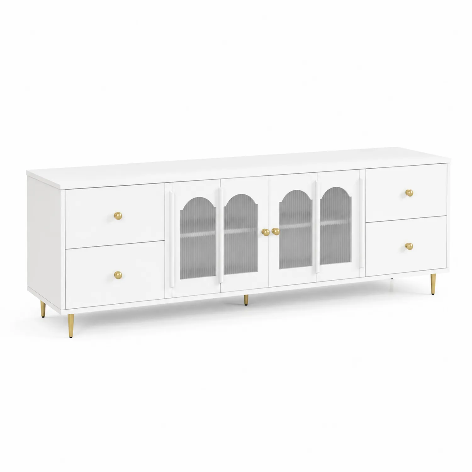Meuble TV en bois avec portes en verre et tiroirs, 180 cm