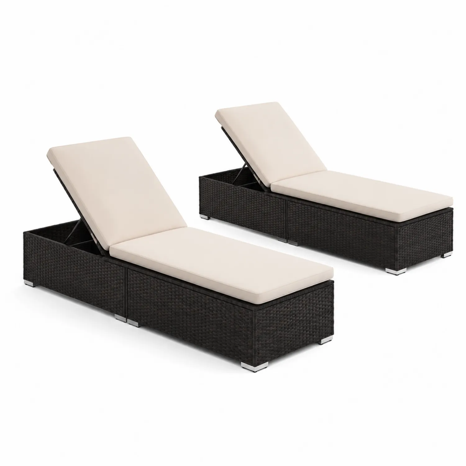 Lot de 2 transats en résine tressée noire avec coussins crème