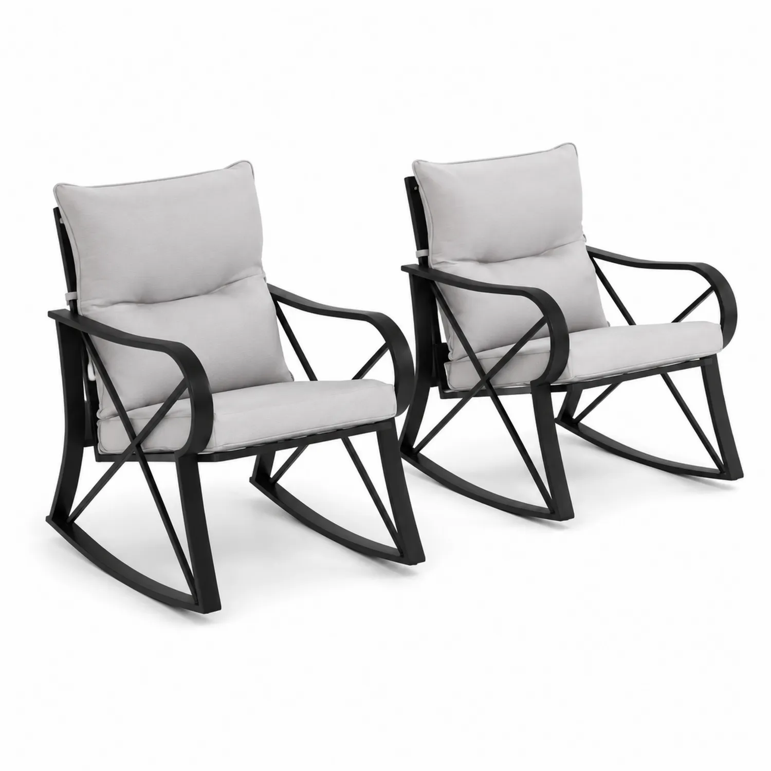 Chaises à bascule en métal noir avec coussins en polyester gris