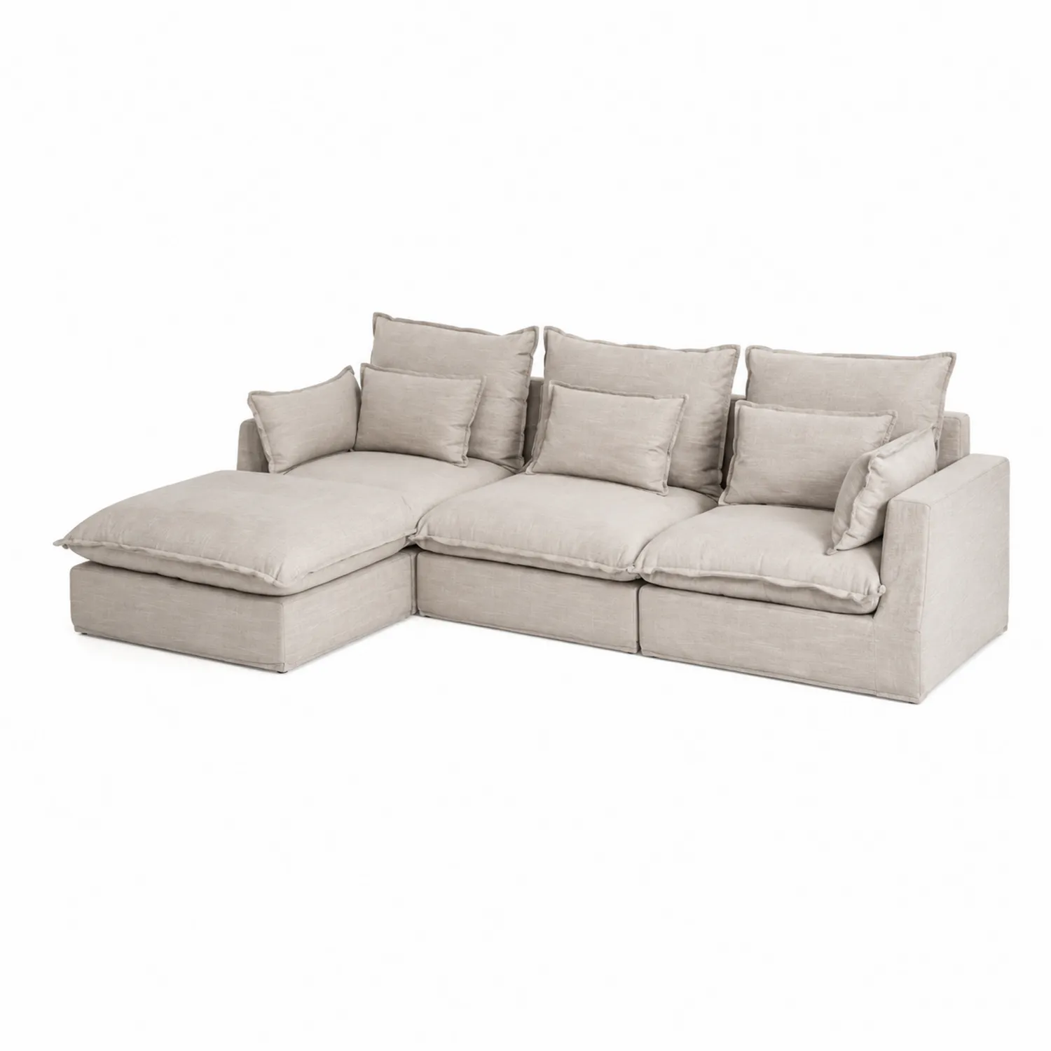 Canapé d'angle en tissu beige avec coussins