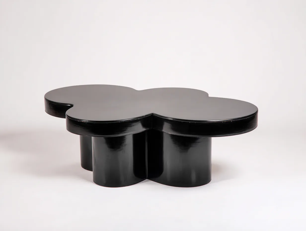 Couchtisch 110x75x34 cm - Holz - schwarz - mit organischer Kleeblattform und skulpturalem Sockel für das Wohnzimmer-Gariahome