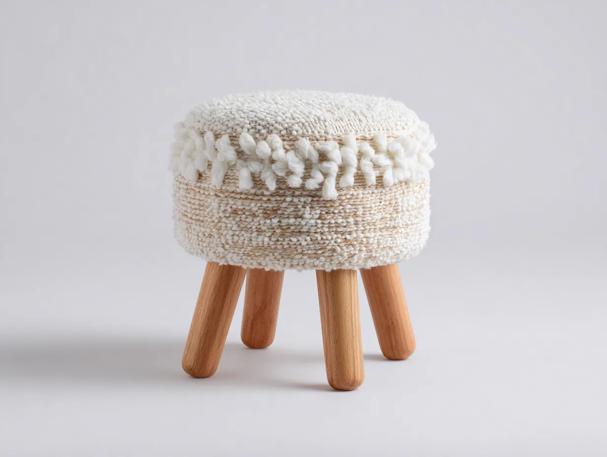 Fußhocker 60x60x38 cm - Cremeweiß und Natur - für das Wohnzimmer - rund gepolstert-Pavaiabode
