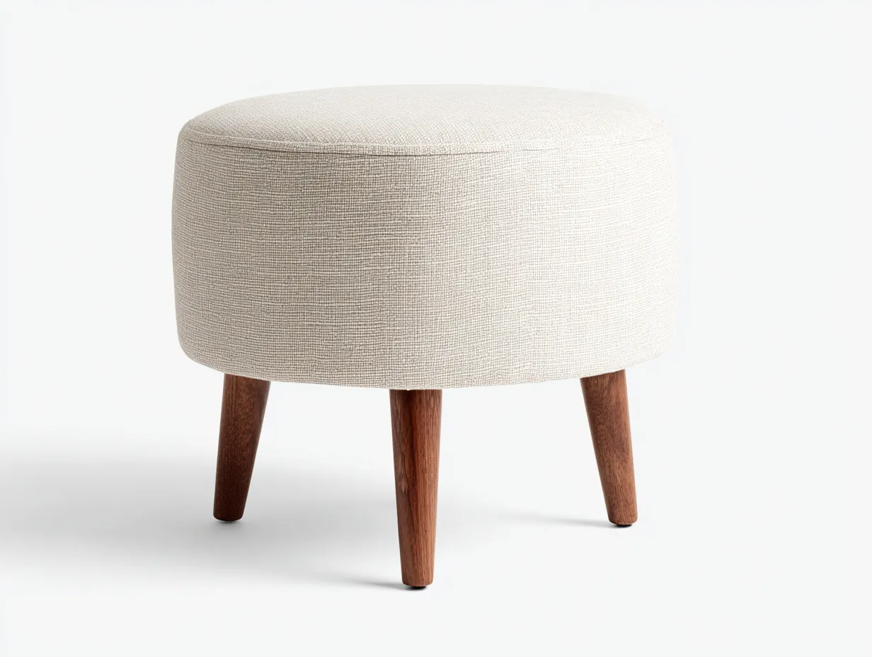 Fußhocker 68x68x40 cm - Strukturstoff und Massivholz - cremeweiß und dunkelbraun - runde Relaxablage für das Wohnzimmer-Pavaiabode