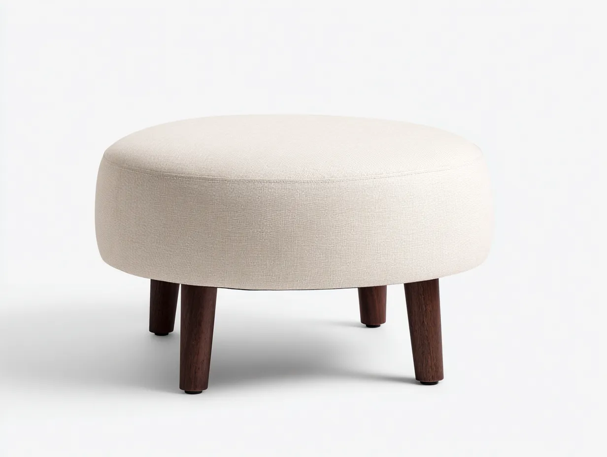 Fußhocker 60x60x42 cm - Stoff und dunkles Holz - cremeweiß und Dunkelbraun - großzügige runde Ablagefläche-Pavaiabode