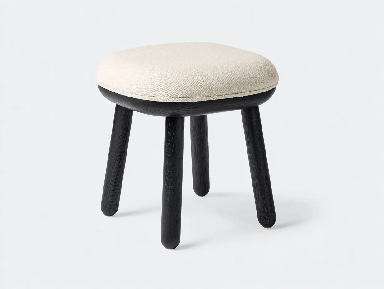 Fußhocker 42x42x45 cm - Stoff und schwarz gebeiztes Holz - cremeweiß und schwarz - kompakte Zusatzsitzgelegenheit-Pavaiabode