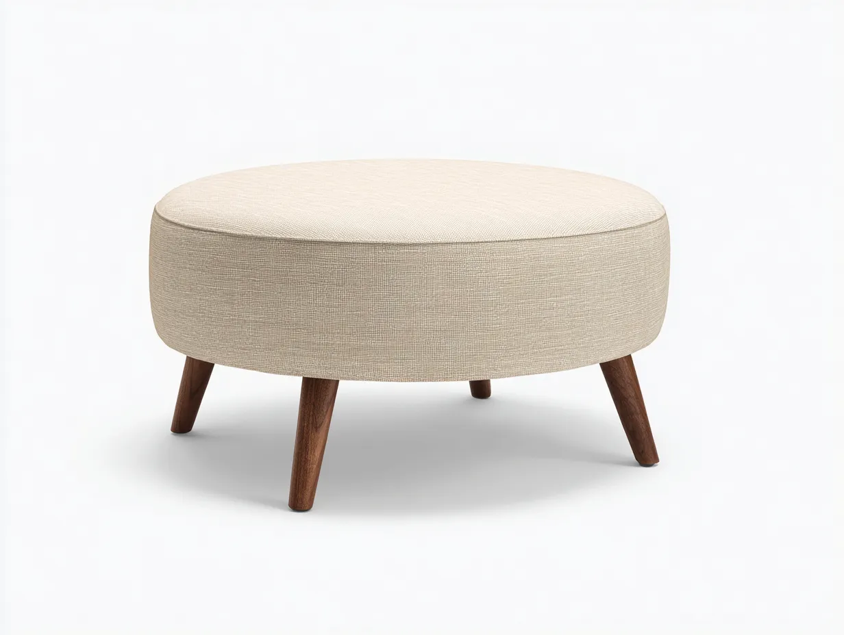 Fußhocker 60x60x41 cm - Bezugsstoff und Holz - cremeweiß und dunkelbraun - runde Sitz- und Beinablage im Wohnbereich-Pavaiabode