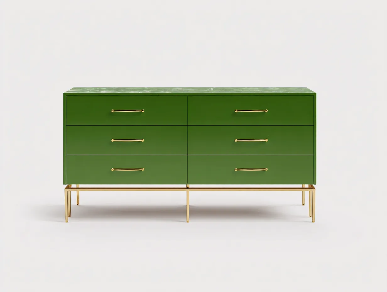 Cómoda 150x46x86 cm - verde oliva y dorado - madera con 6 cajones para dormitorio - diseño contemporáneo luminoso-Vavexiadwell