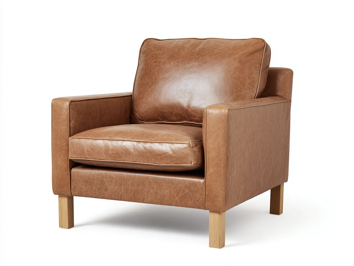 Sillón tapizado 84x86x84 cm - acabado cuero marrón y patas claras - marrón claro y roble - para salón - diseño recto refinado-Vavexiadwell