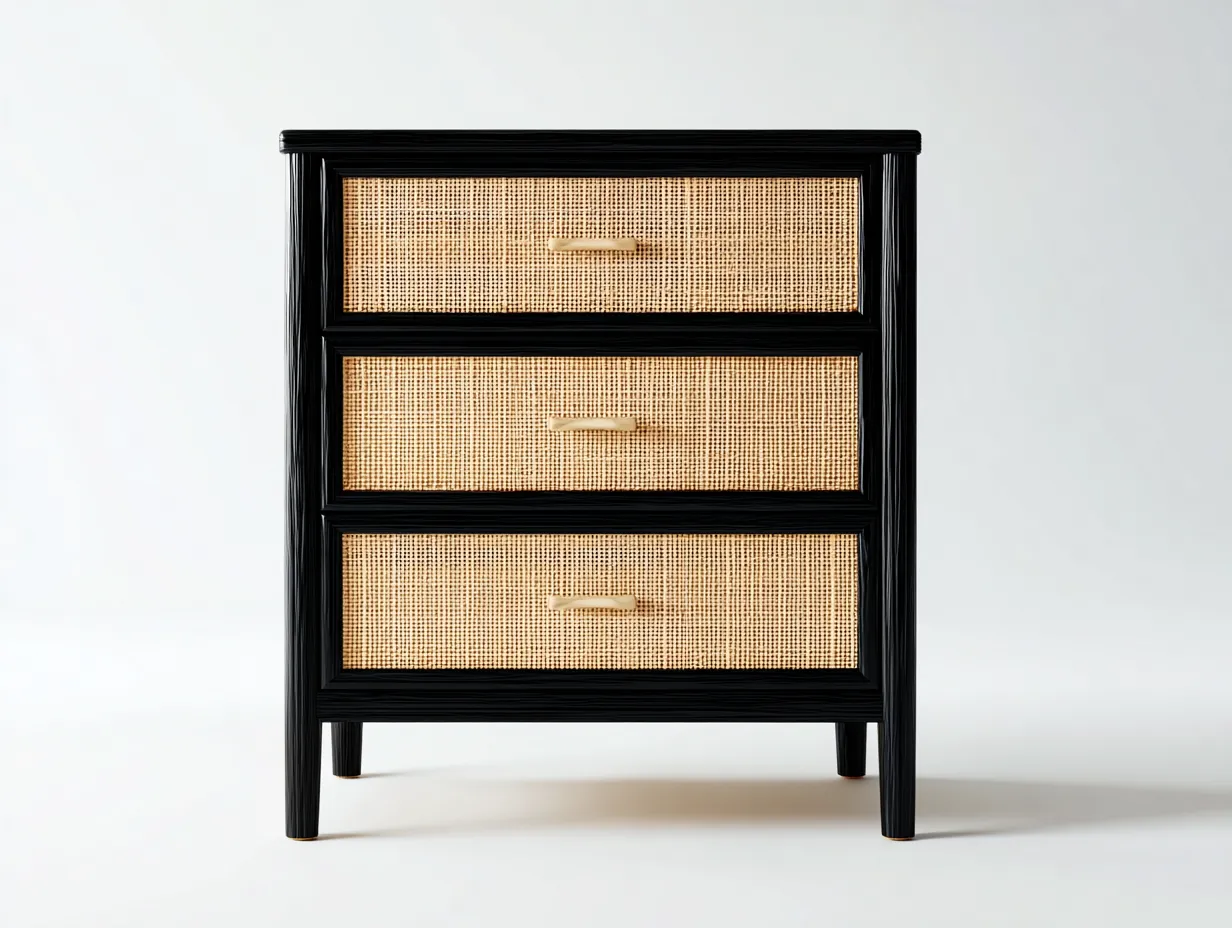 Cómoda 78x40x92 cm - negro y natural - madera con tres cajones y frente de rejilla - diseño ligero para dormitorio-Vavexiadwell