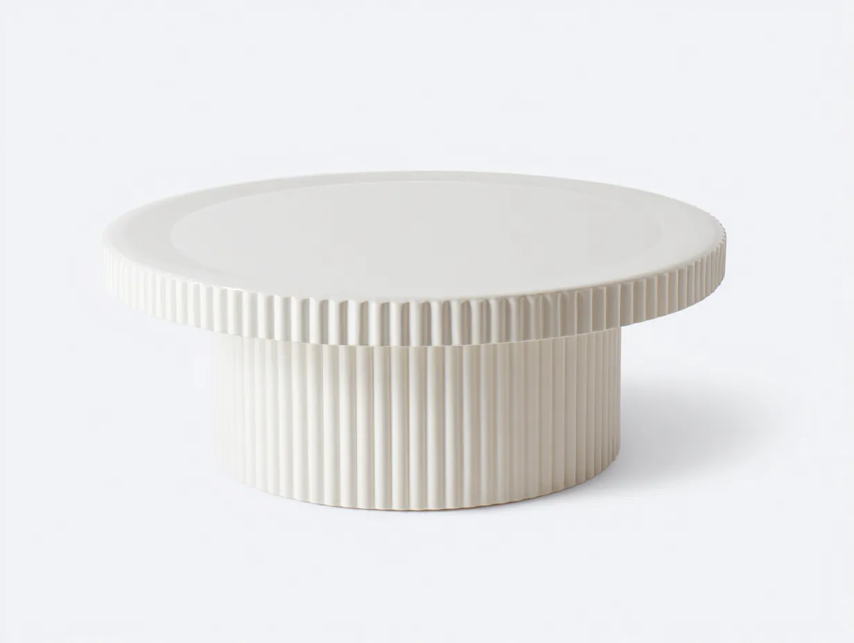 Mesa de centro de resina 100x100x32 cm - blanco roto para salón - tablero circular con relieve estriado-Vavexiadwell